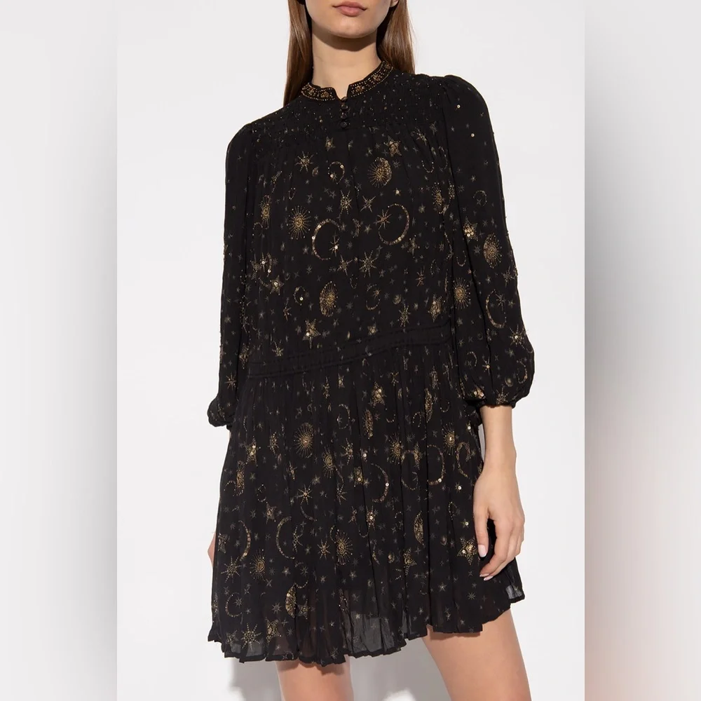 All Saints Black and Gold Smocked A-Line Dress - Picture 14 of 15